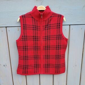Christopher & Banks Women's Red w/ Black Tartan Plaid Vest Sz Small EUC Full-Zip